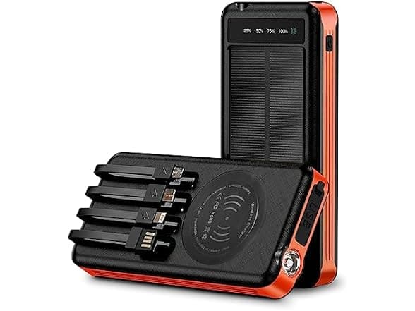 Outdoor Solar Power Bank 10000mAh with Built-in Cables & Wireless Charging
