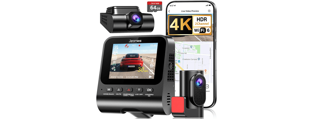 JZONES 4K Dual Dash Cam Front and Rear with 64GB Card