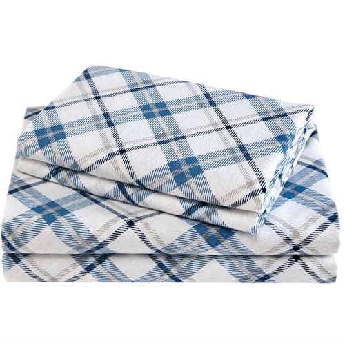 Comfort Spaces Cal King Flannel Sheets - 100% Cotton, Blue Plaid, 4-Piece Set