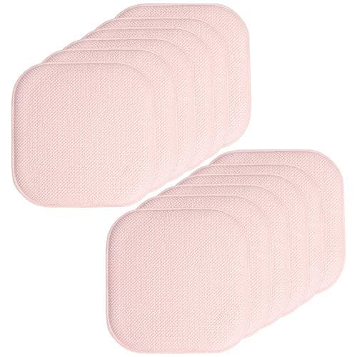 Sweet Home Collection Chair Cushion Memory Foam Pads Honeycomb Pattern Slip Non Skid Rubber Back Rounded Square 16" x 16" Seat Cover, 12 Pack, Pink