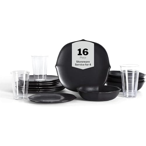 Stone Lain Baskerville 16-Piece Dinnerware Set - Black Stoneware & Glass