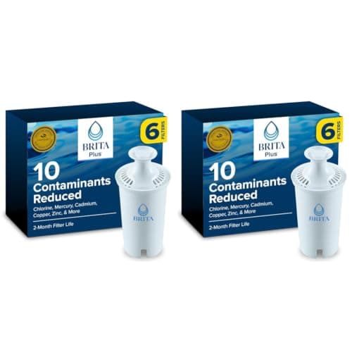 Brita Plus Water Filter, BPA-Free, High-Density Replacement Filter for Pitchers and Dispensers, Reduces 2x Contaminants*, Lasts Two Months or 40 Gallons, Includes 6 Filters (Pack of 2)
