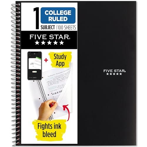 Five Star Spiral Notebook Plus Study App, 1 Subject, College Ruled, 100 Sheets, 8.5x11,