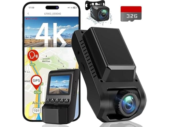 Dash Cam Front and Rear 4K+1080P with WiFi GPS and 32GB Card