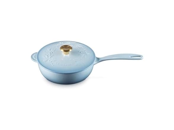 Le Creuset Enameled Cast Iron Holly Collection Traditional Saucier, 2.25 qt., Coastal Blue with Gold Knob