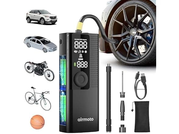 Airmoto Portable Tire Inflator - Cordless Air Pump with Digital Gauge, LED Light, Auto