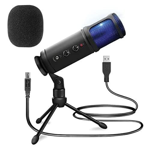 JOVIAL USB Condenser Microphone with Blue LED, Adjustable Gain, Tripod Stand