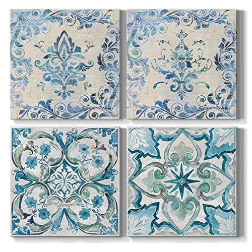 Renditions Gallery Blue Abstract Wall Art 32 x 32 inches Set of 4 Flower Pattern Canvas Prints Wall Decoration for Living Room Bathroom Bedroom
